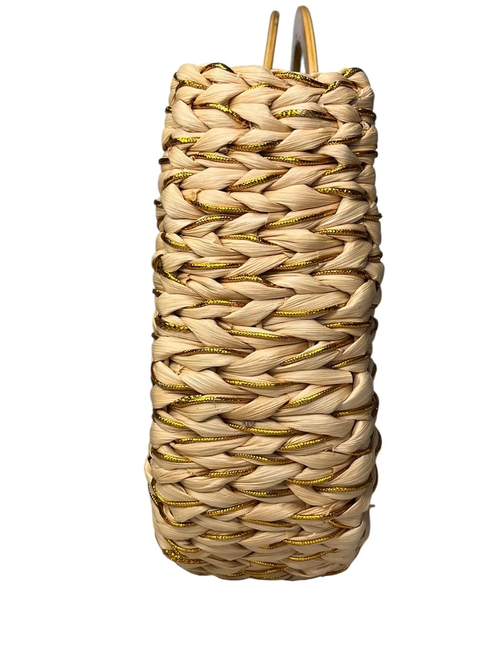 New York & Company Half-Moon Woven Straw & Gold Metallic Circle Handle Tote Bag
